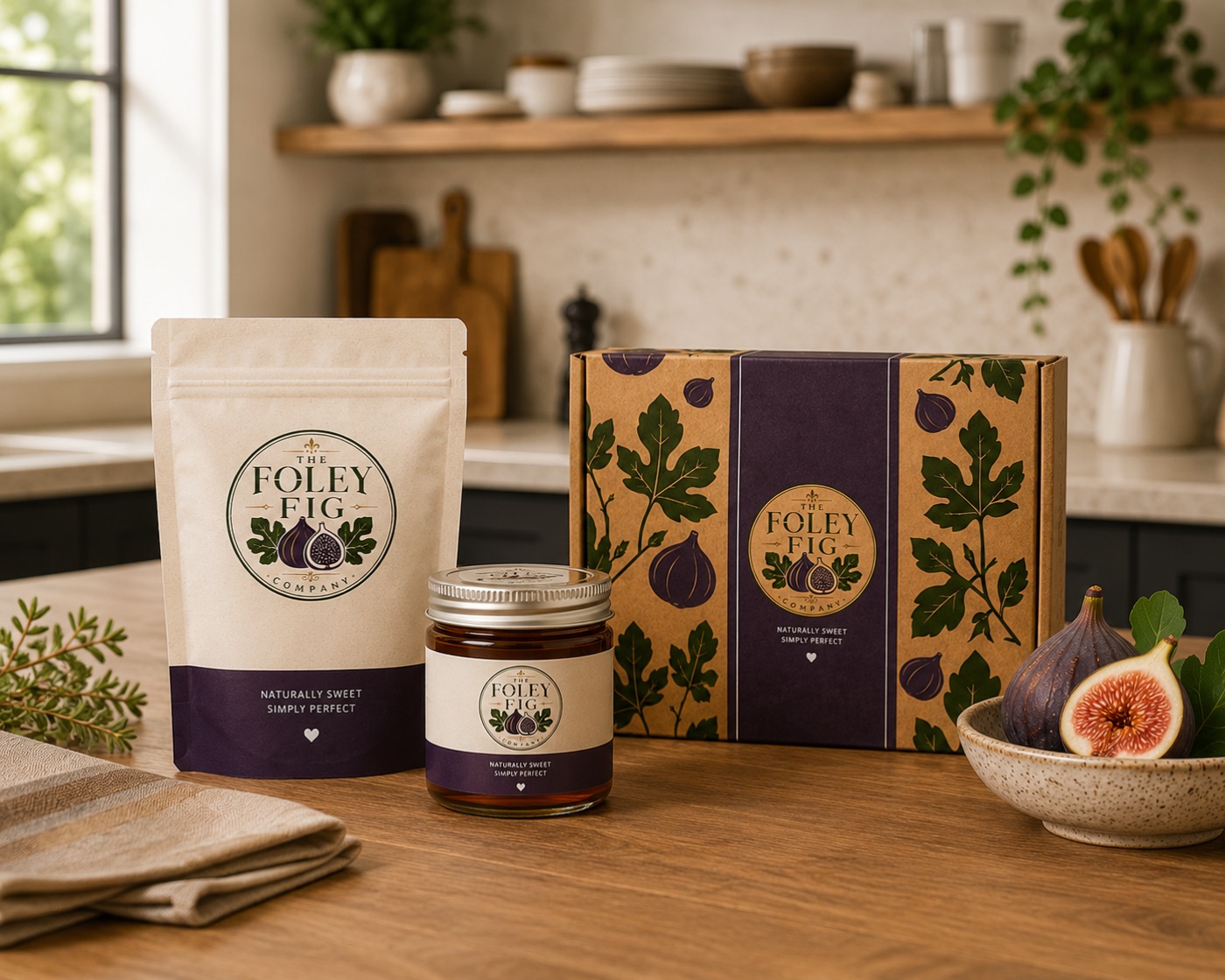 Foley Fig dried figs pouch, fig jam jar, and gift box together on a kitchen counter